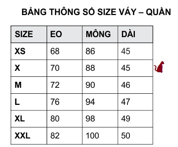 Bảng size quần - váy